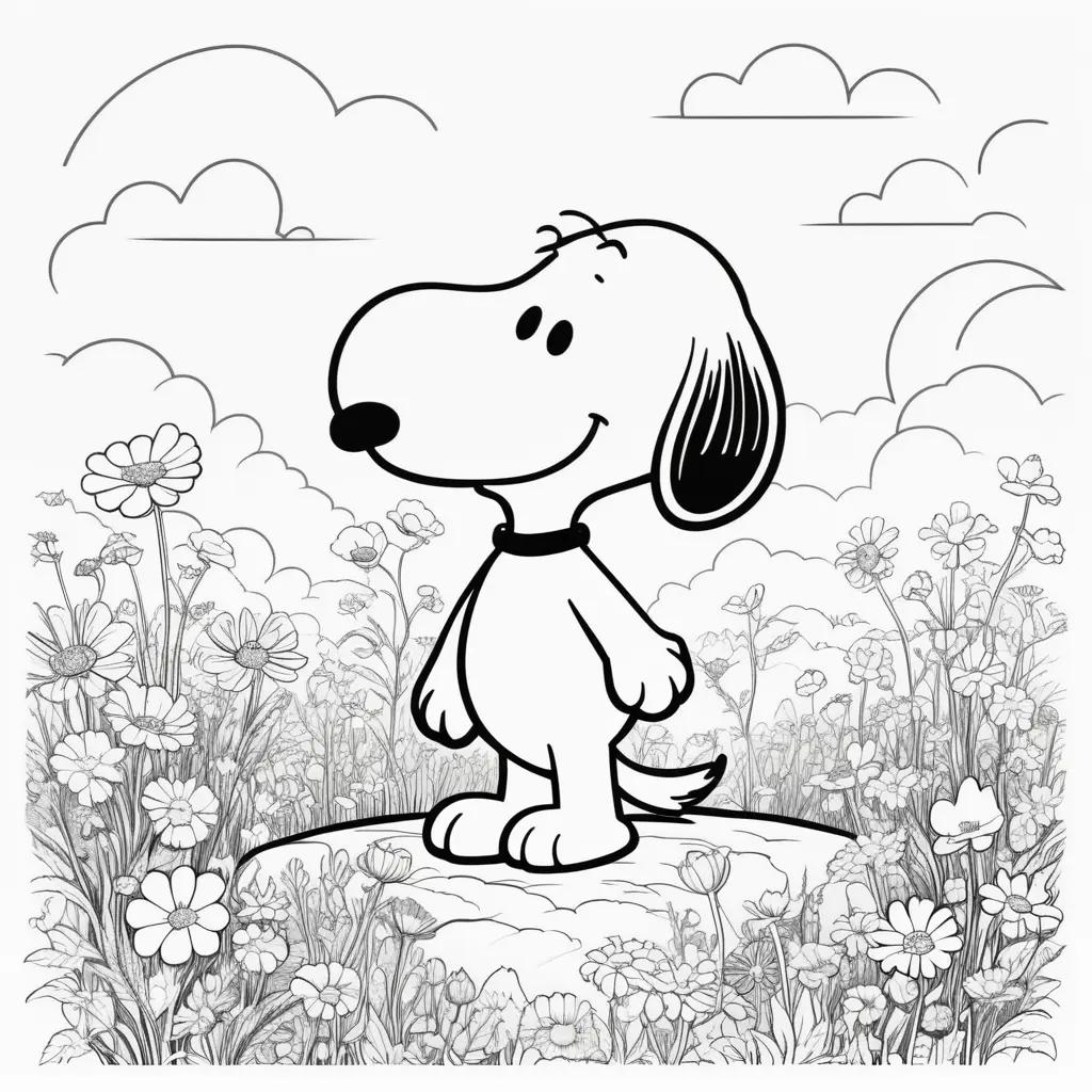 Snoopy coloring pages with flowers and clouds