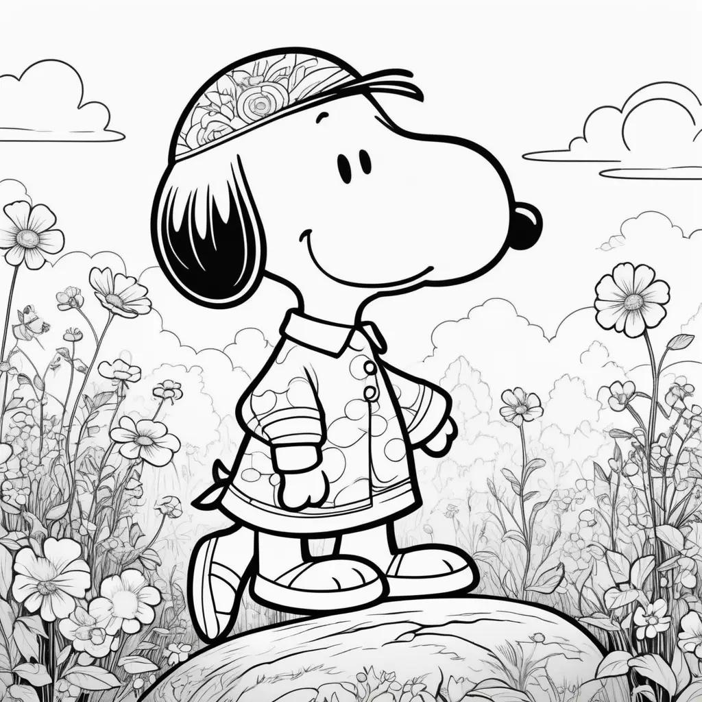 Snoopy in a colorful landscape with flowers