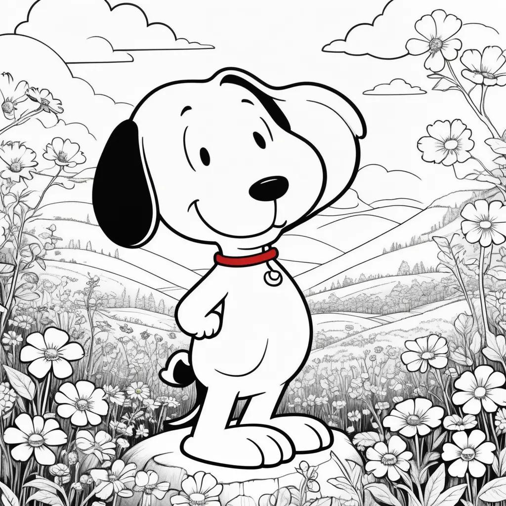 Snoopy in a field of flowers coloring pages