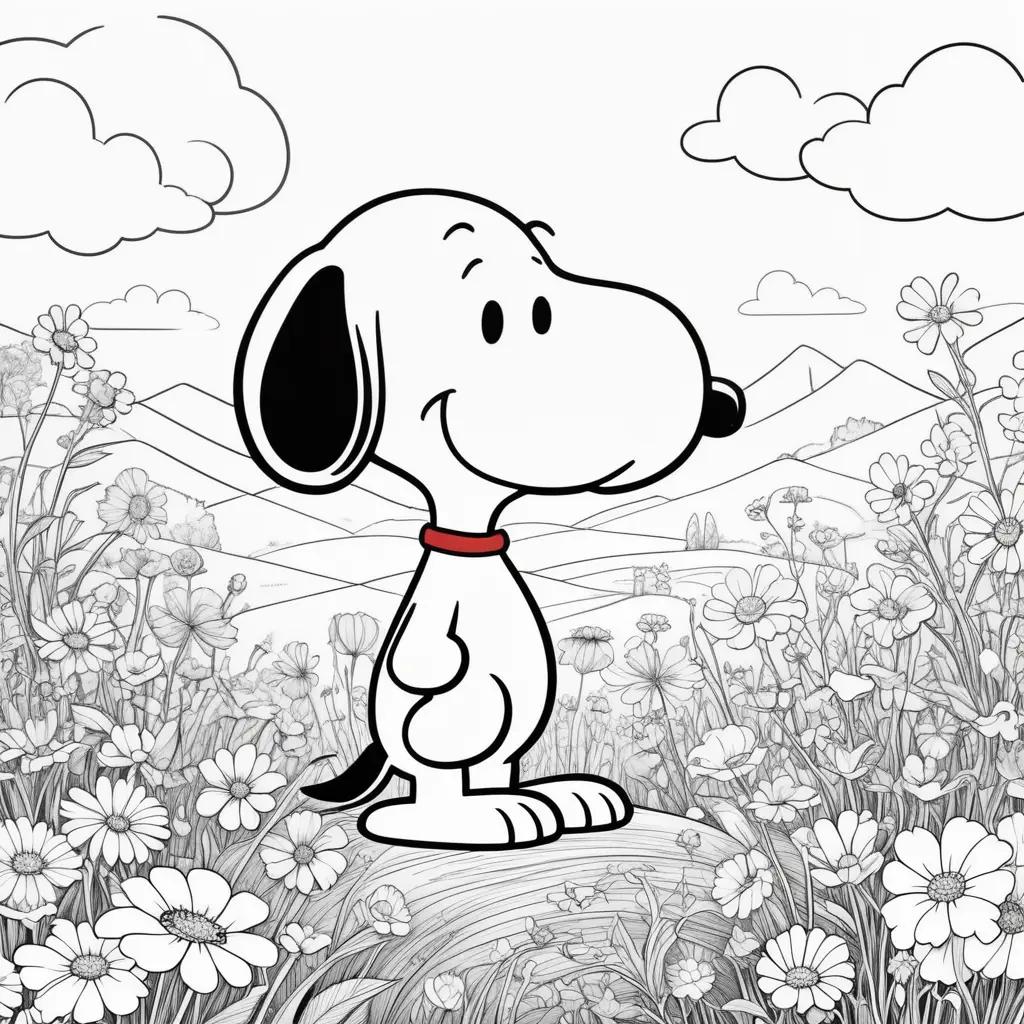 Snoopy in a field of flowers with clouds in the sky