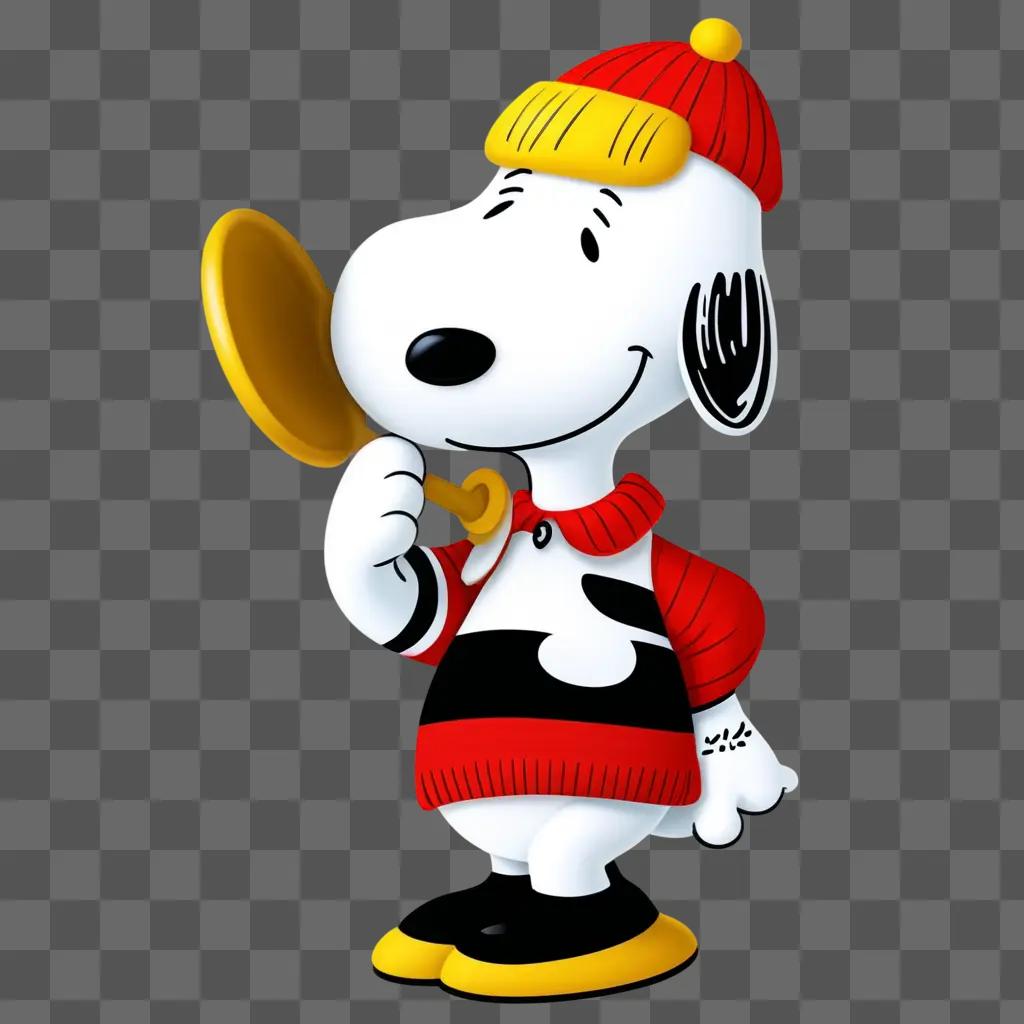 Snoopy in red and black with a yellow hat and hat