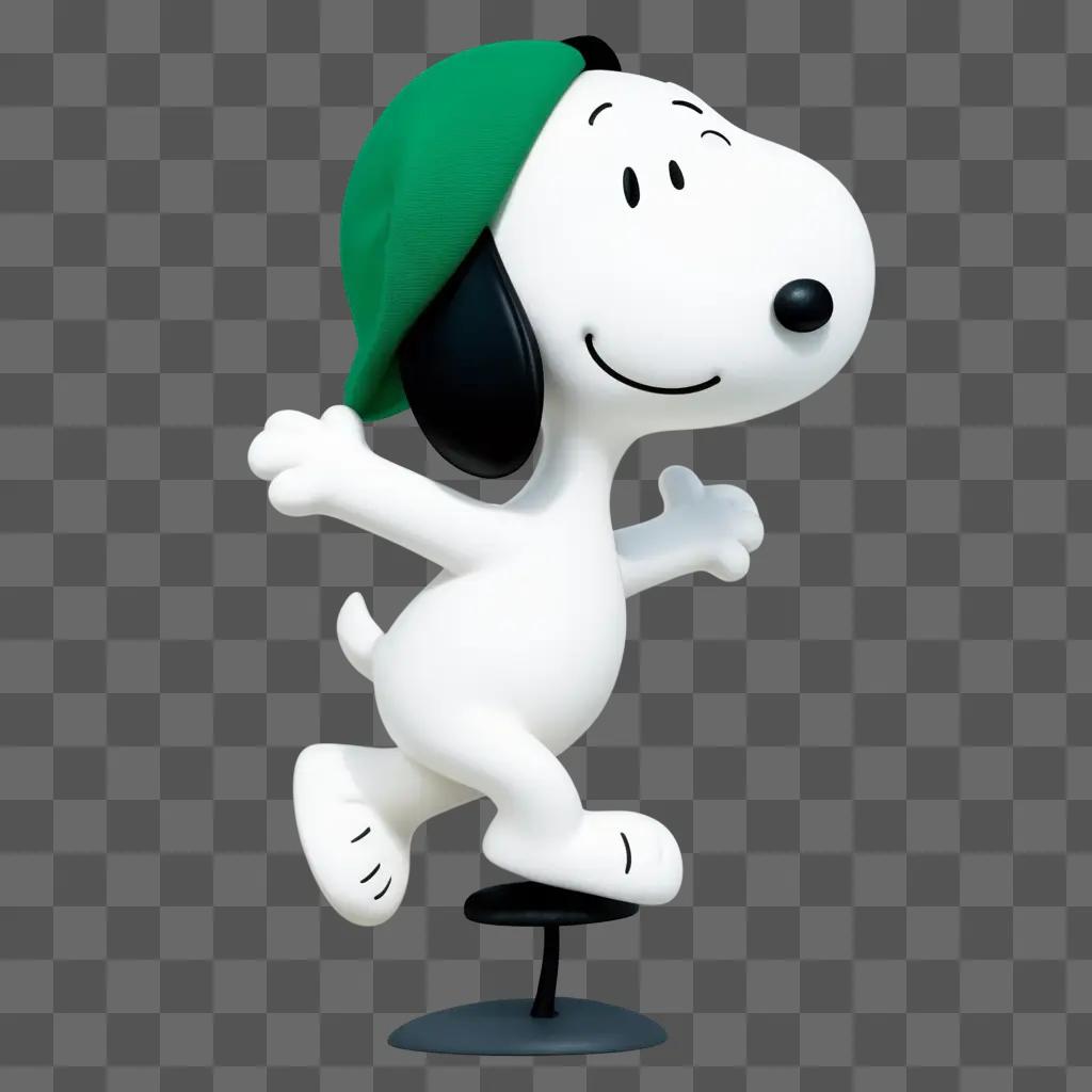 Snoopy is holding a hat and looking at the camera