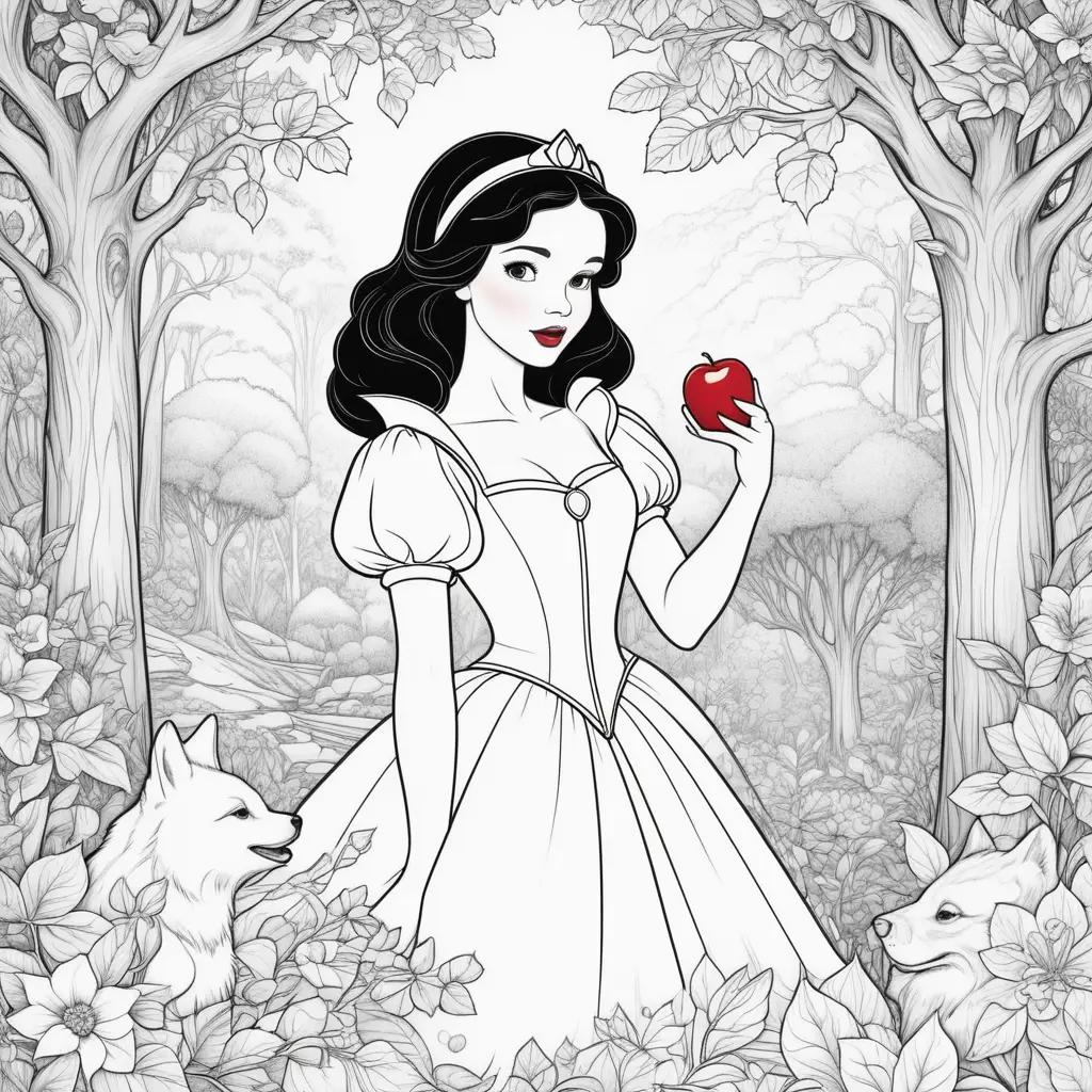 Snow White coloring page with animals in a forest