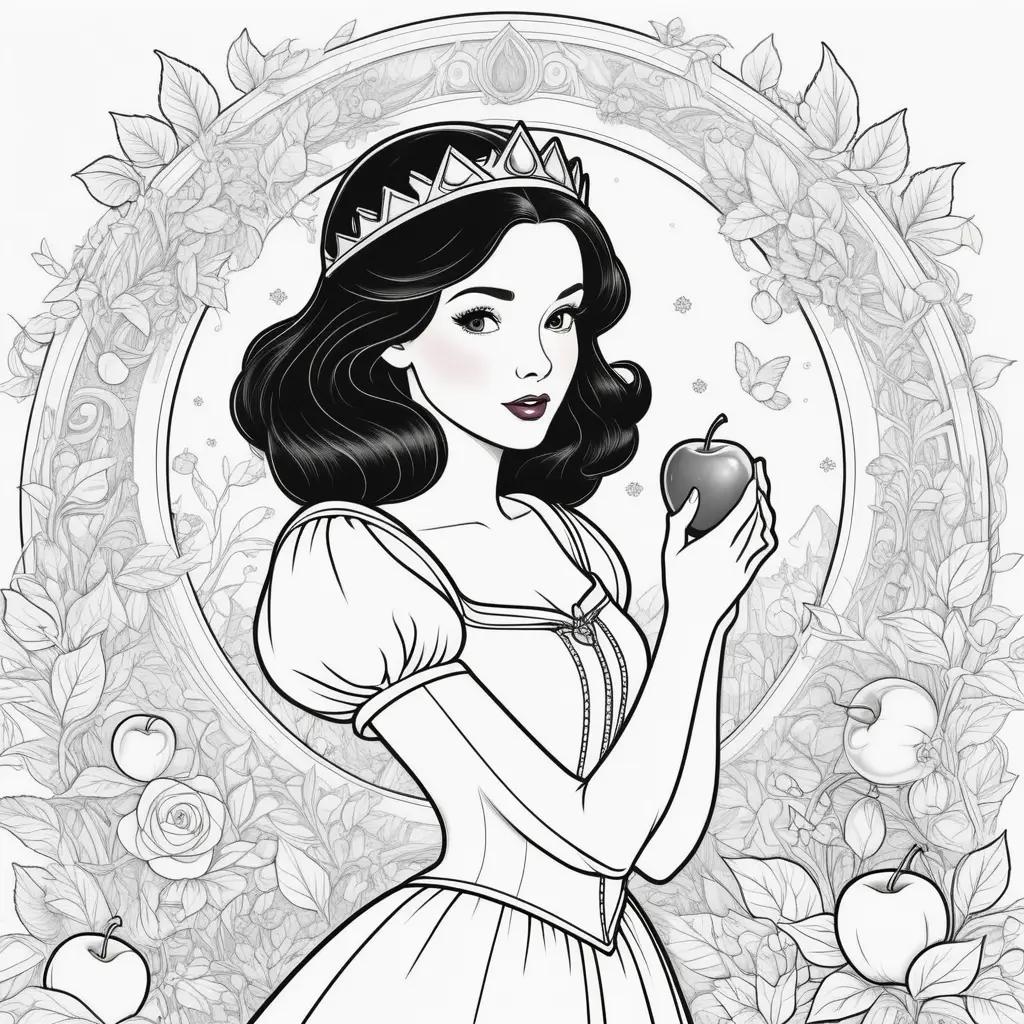 Snow White coloring page with apples and crown