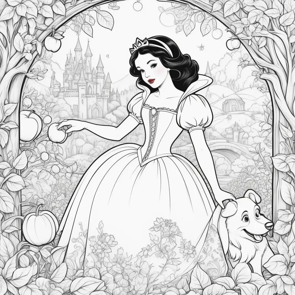 Snow White coloring pages featuring a princess and dog