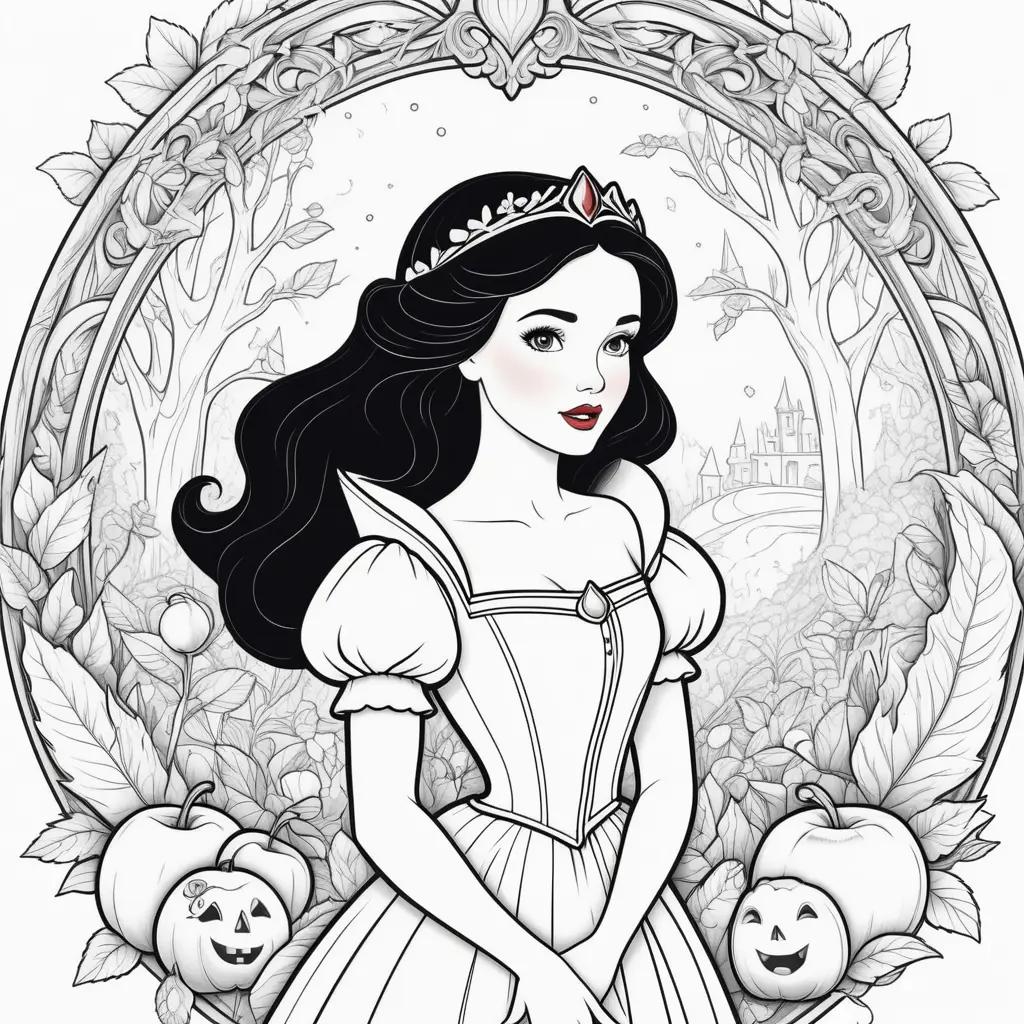 Snow White coloring pages with a crown and a pumpkin