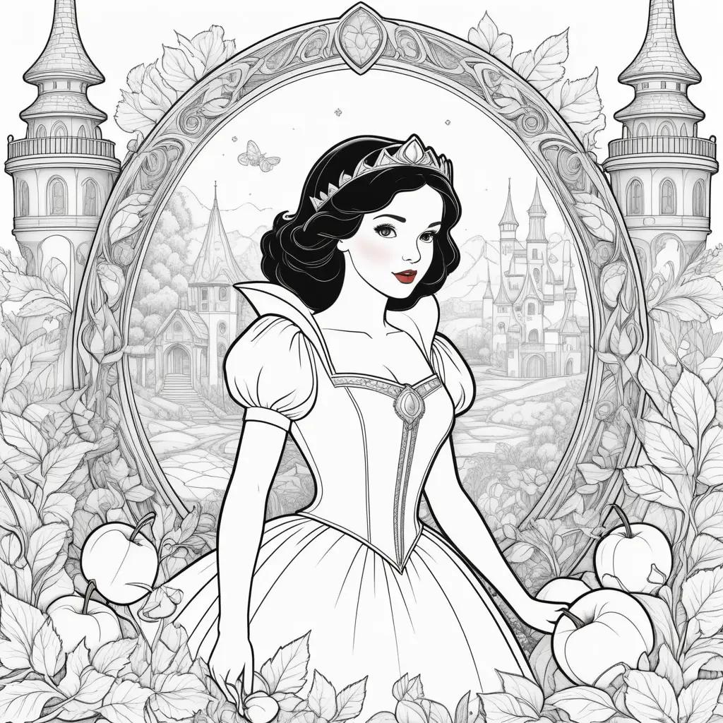 Snow White coloring pages with a princess and a castle