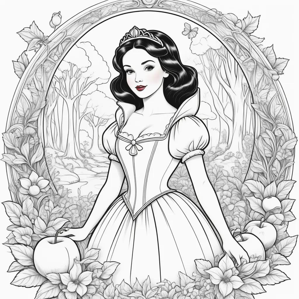 Snow White coloring pages with a princess holding a crown and apples