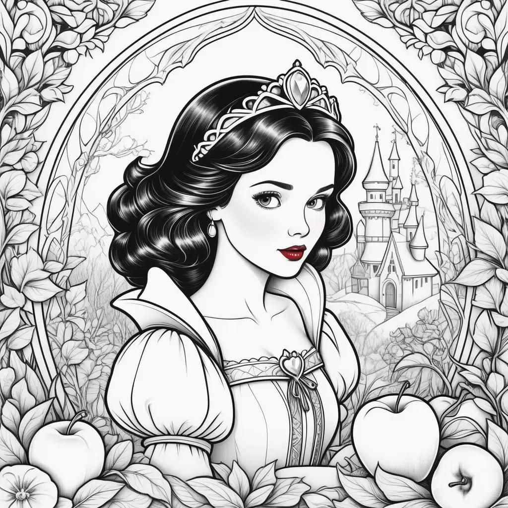 Snow White coloring pages with apples and castle