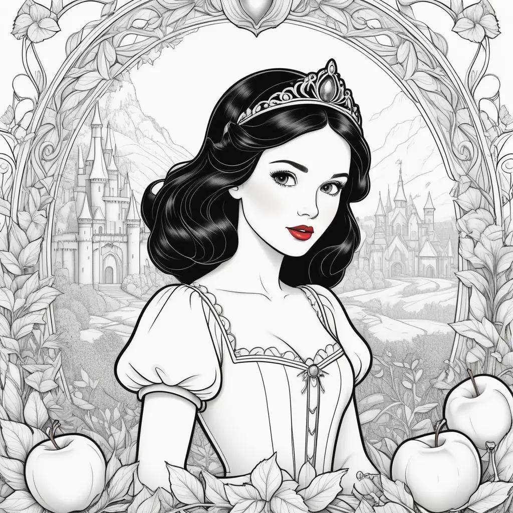 Snow White coloring pages with crown and apples