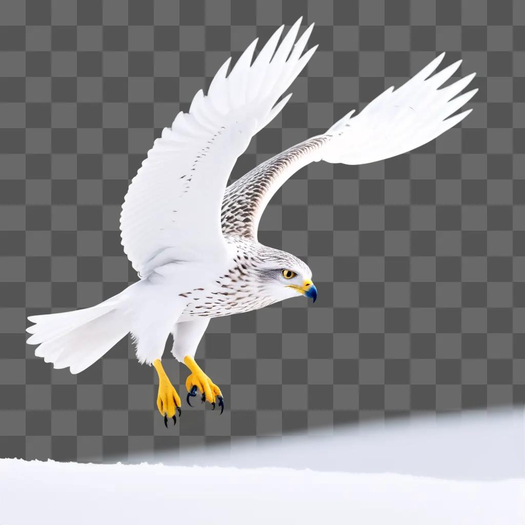 Snow falcon with yellow feet and wings spread wide