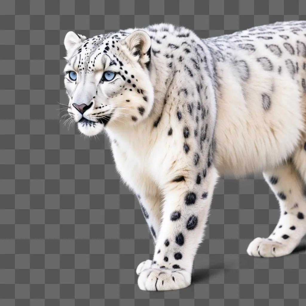 Snow leopard with spotted fur texture against a gray background