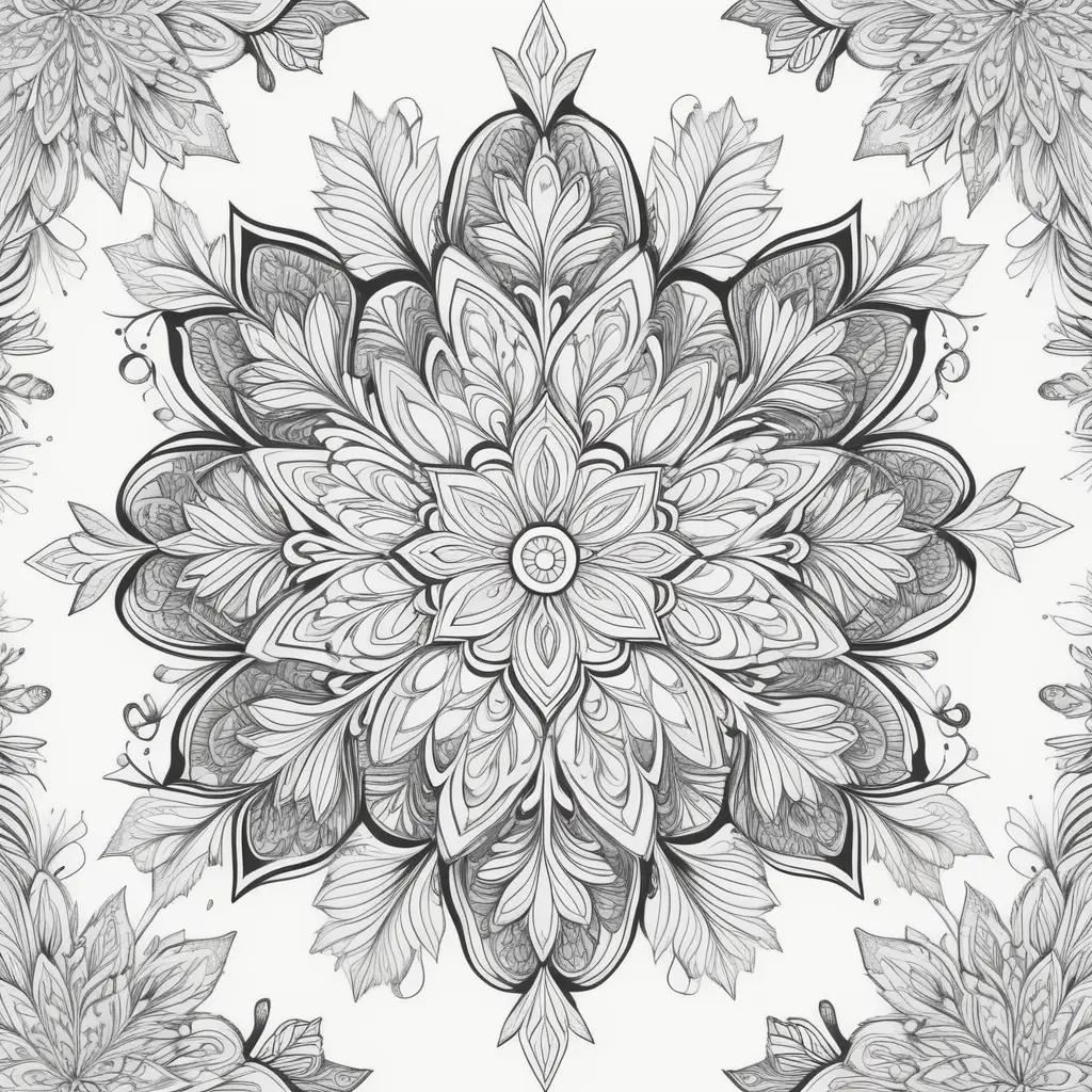 Snowflake Coloring Page with leaves and flowers