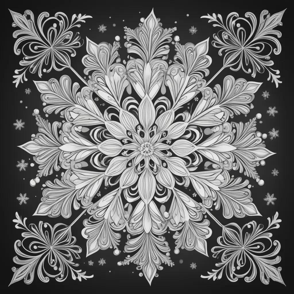 Snowflake coloring page with black and white flowers