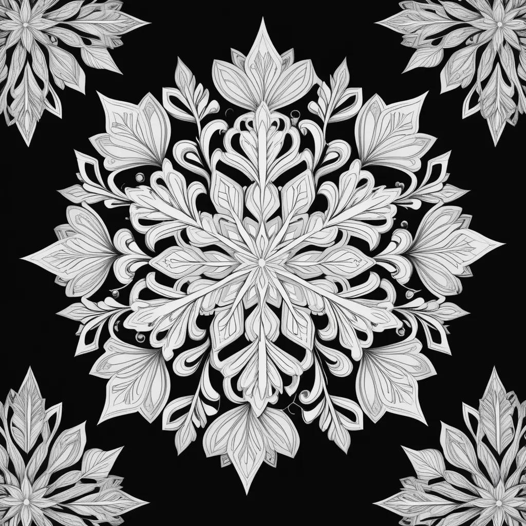 Snowflake coloring page with leaves and flowers