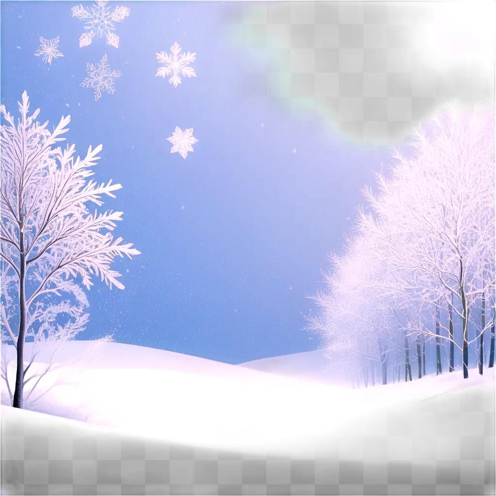 Snowflakes in a winter landscape with trees