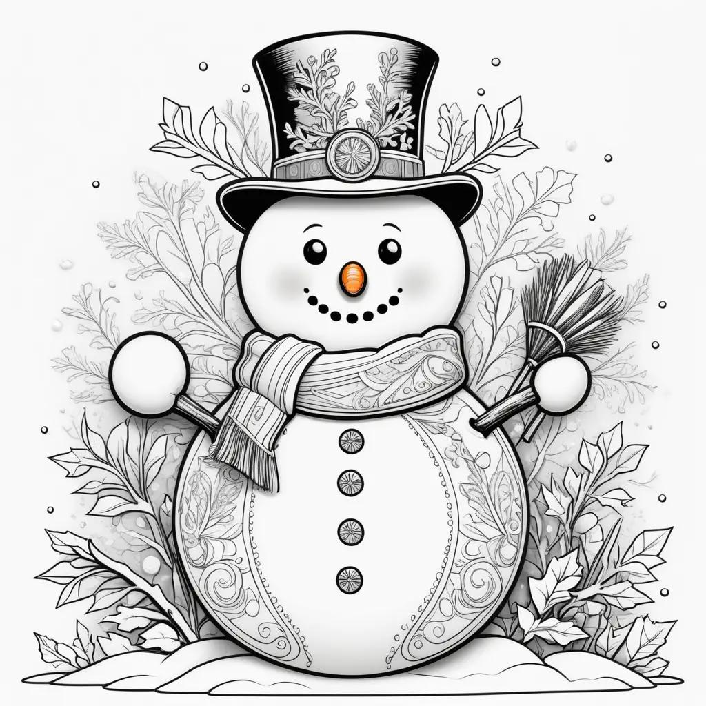 Snowman coloring page with a black and white design