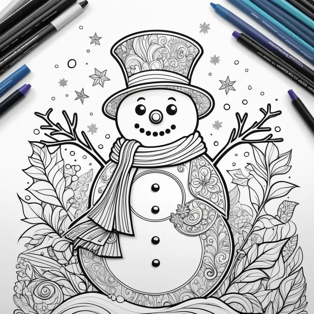 Snowman coloring page with various colors and markers