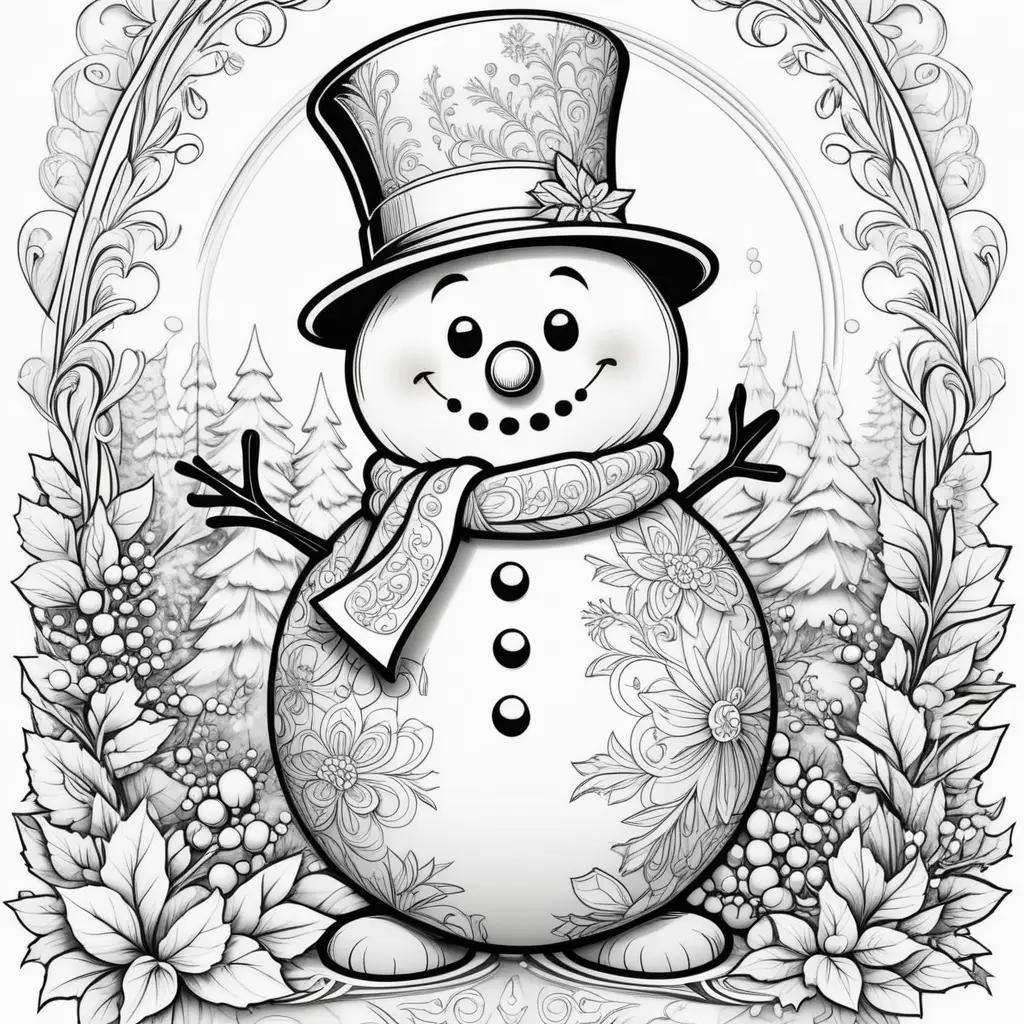 Snowman coloring pages featuring a black and white design