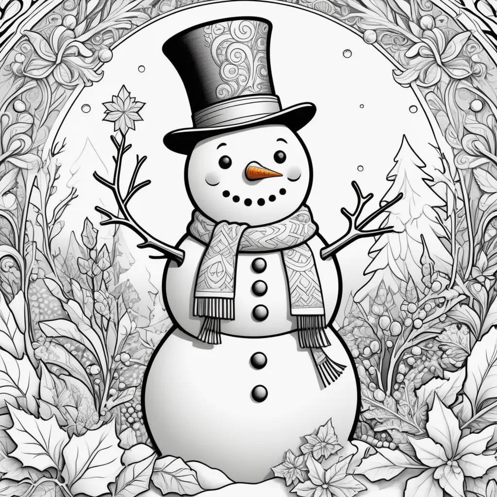 Snowman coloring pages featuring a snowman wearing a top hat and a scarf