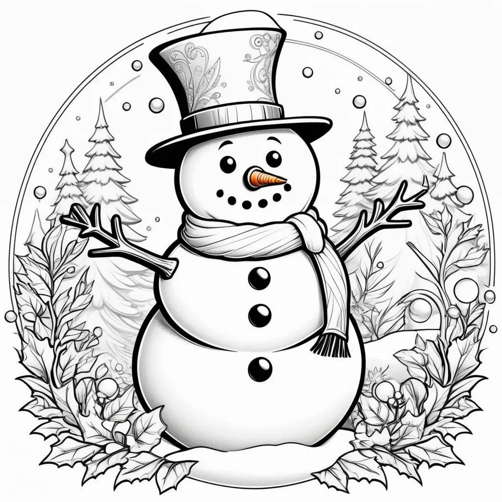 Snowman coloring pages for kids: a black and white illustration of a snowman with a hat and scarf