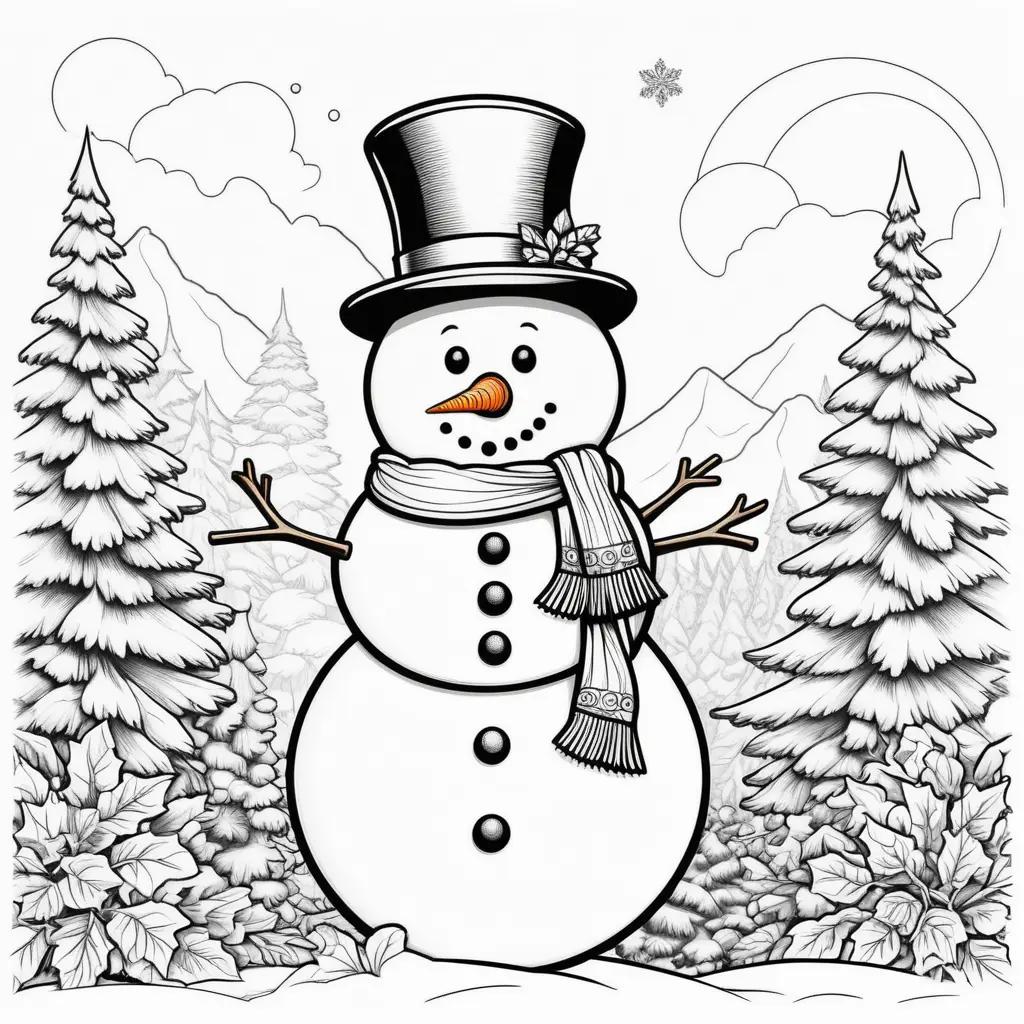 Snowman coloring pages with a black and white snowman in the center