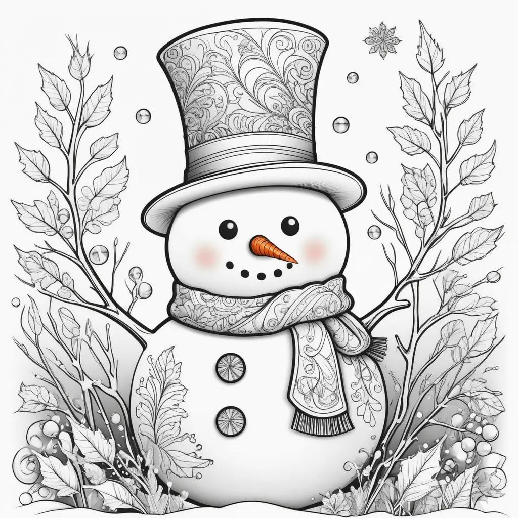 Snowman coloring pages with flowers and leaves