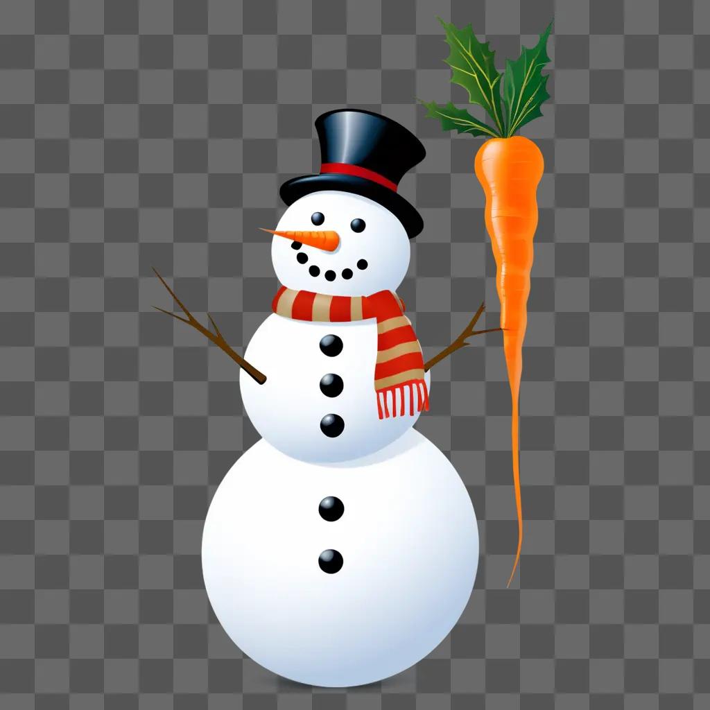 Snowman in black top and hat next to carrot