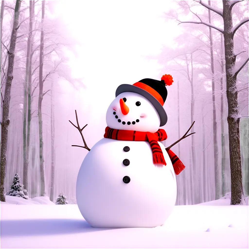 Snowman with black hat, red scarf and black bear on his head