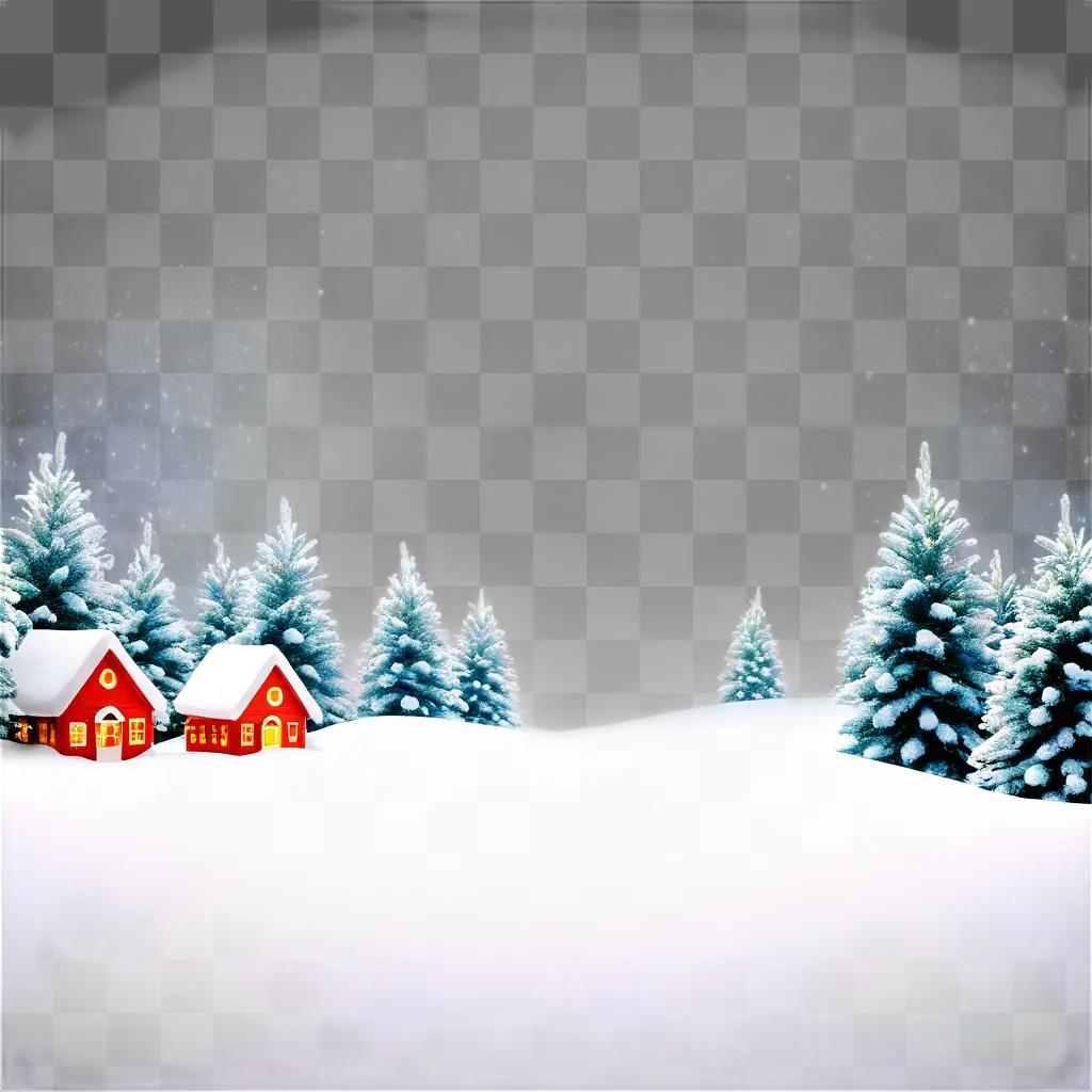 Snowy Christmas backdrop with red houses and evergreen trees