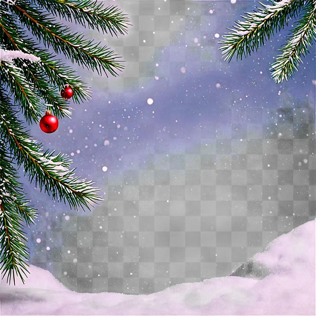 Snowy Christmas background with pine branches and balls