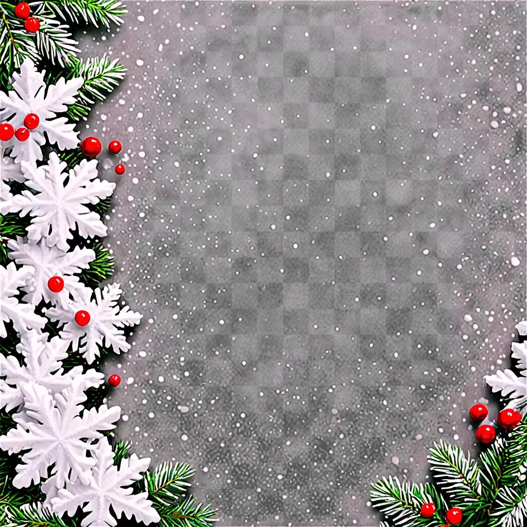 Snowy Christmas background with red berries and white snowflakes