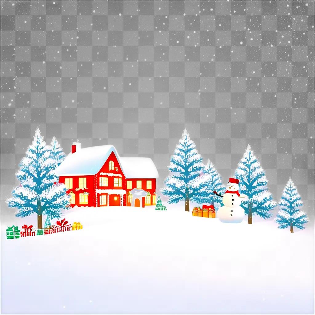 Snowy Christmas background with red house and tree decorations