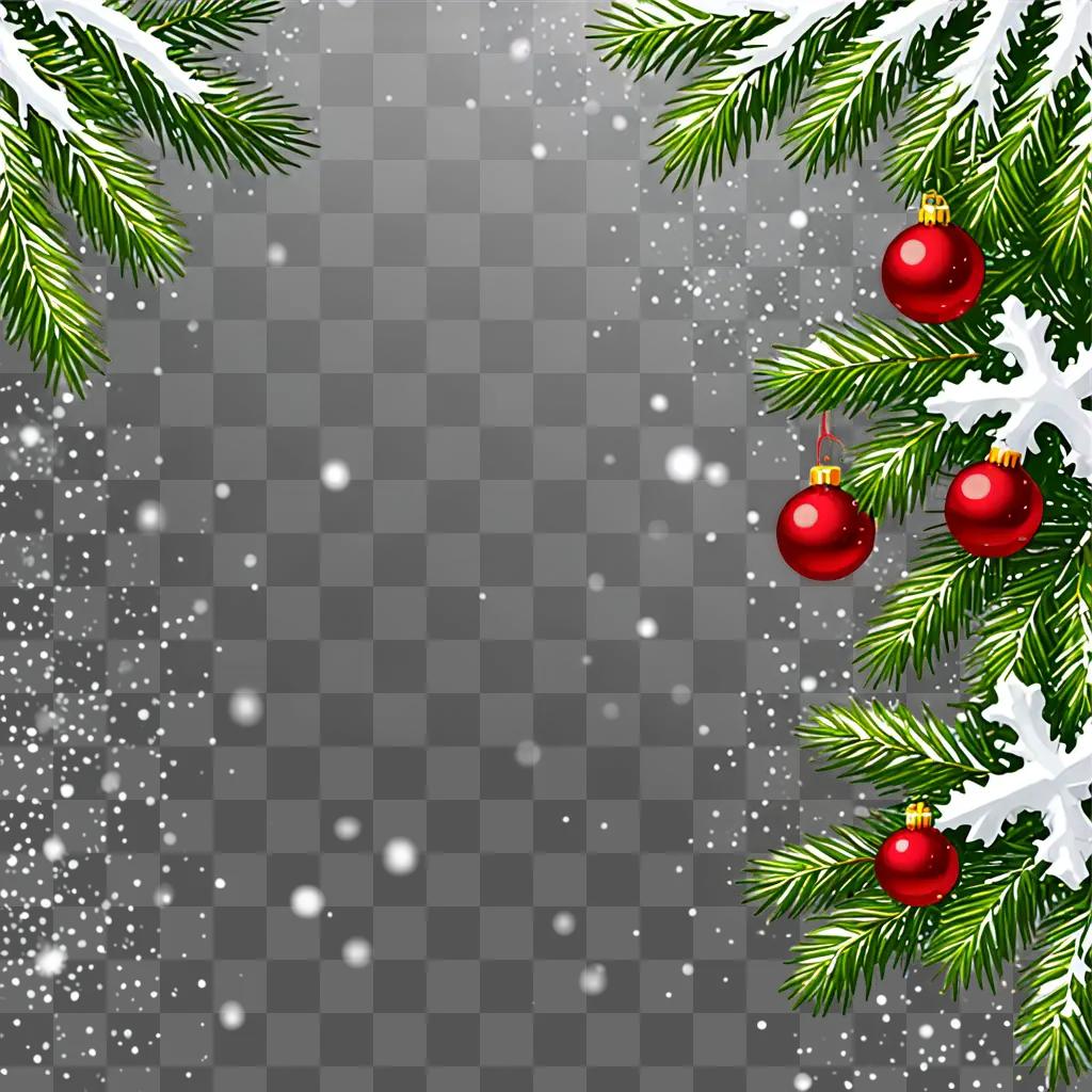 Snowy Christmas background with red ornaments and green branches