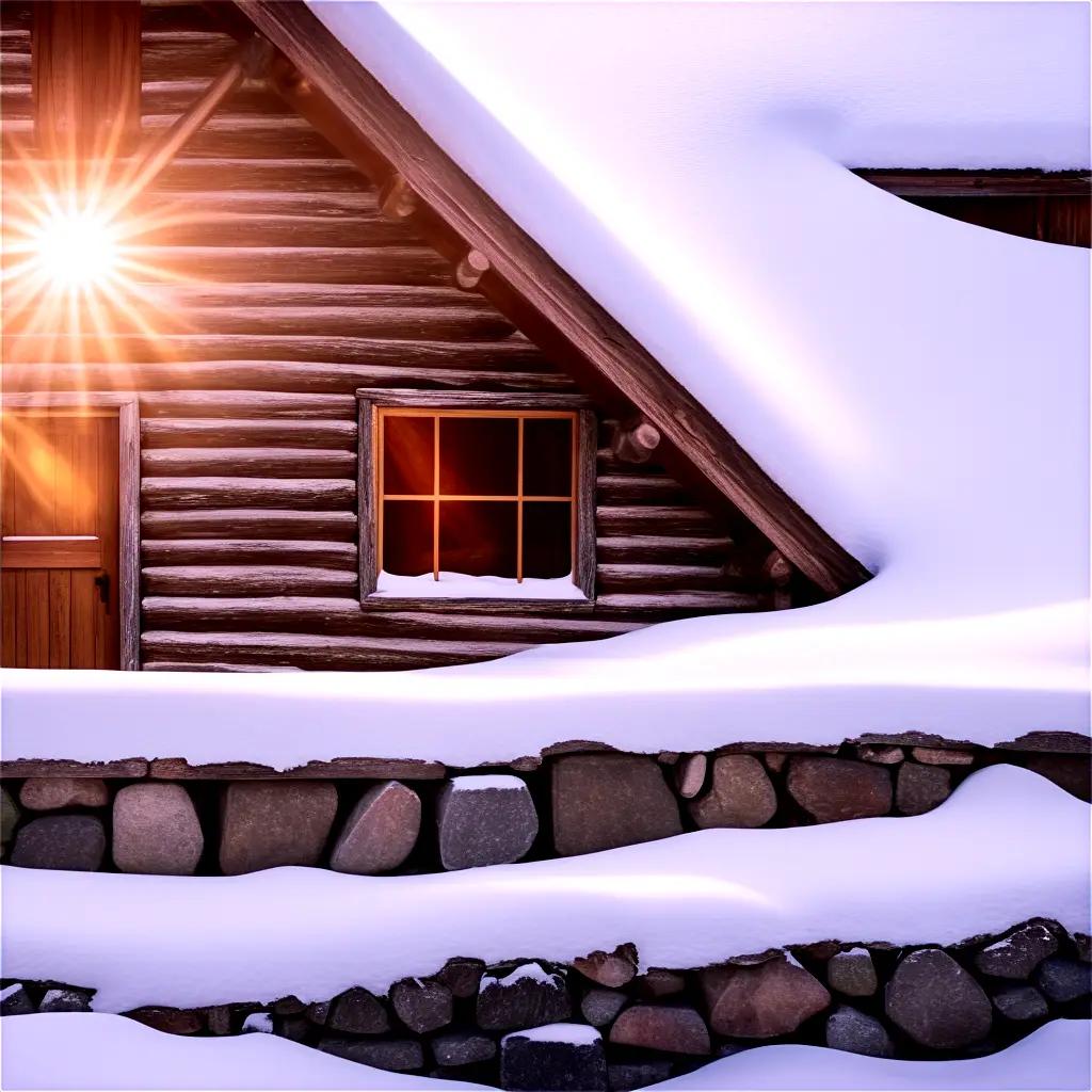 質感のある背景と窓から差し込む日光が降り注ぐ雪のキャビン