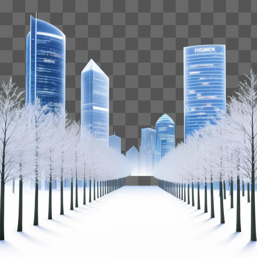 Snowy cityscape with transparent trees