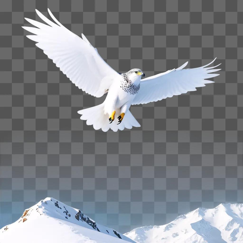 Snowy falcon soaring over a mountain range