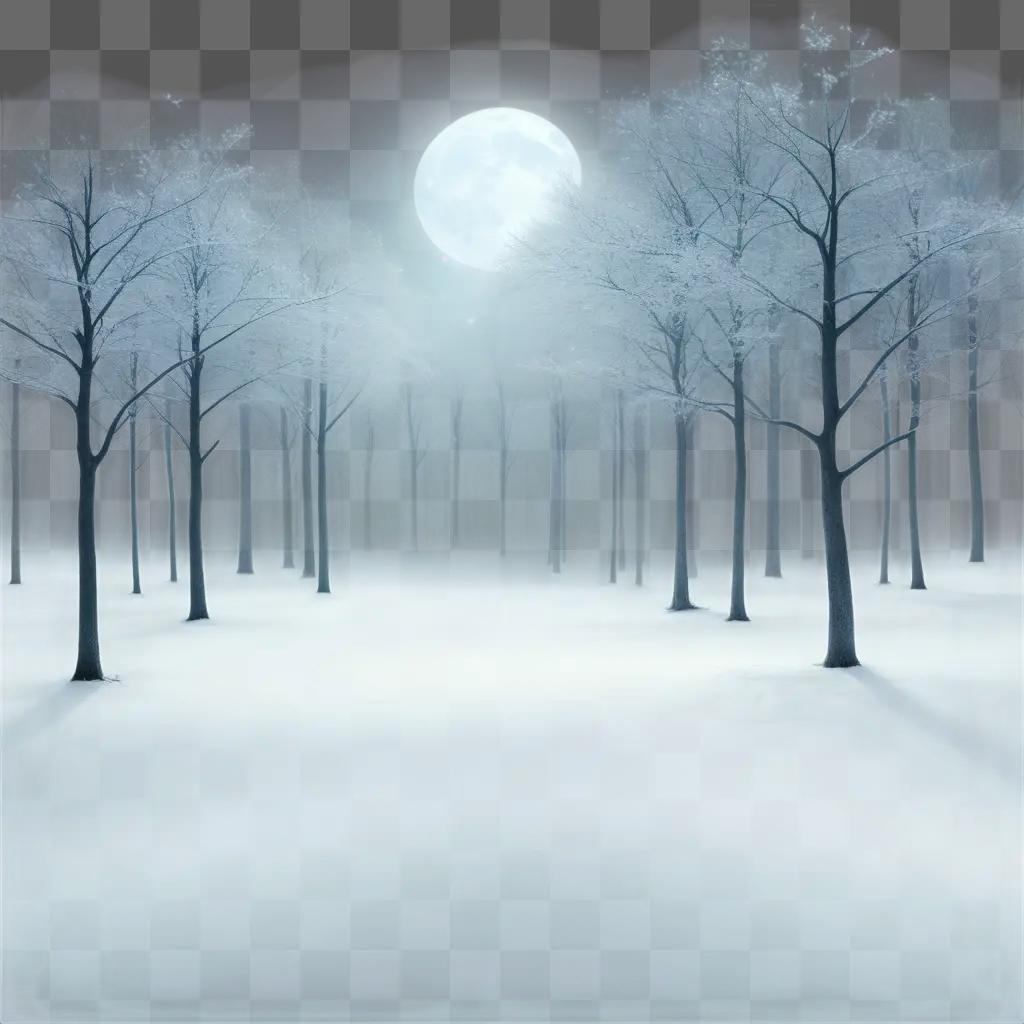 Snowy forest scene with a moon and trees