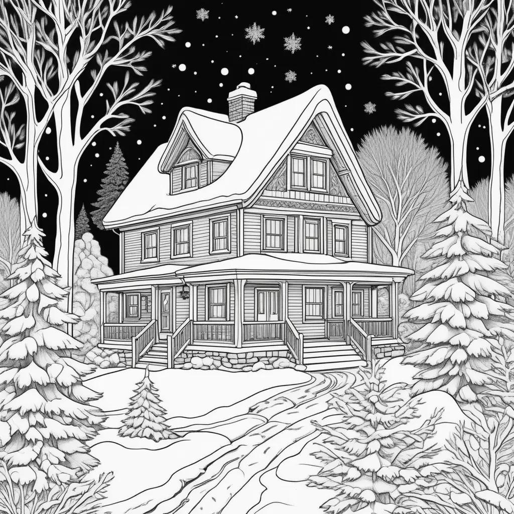 Snowy house and trees in black and white free winter coloring pages