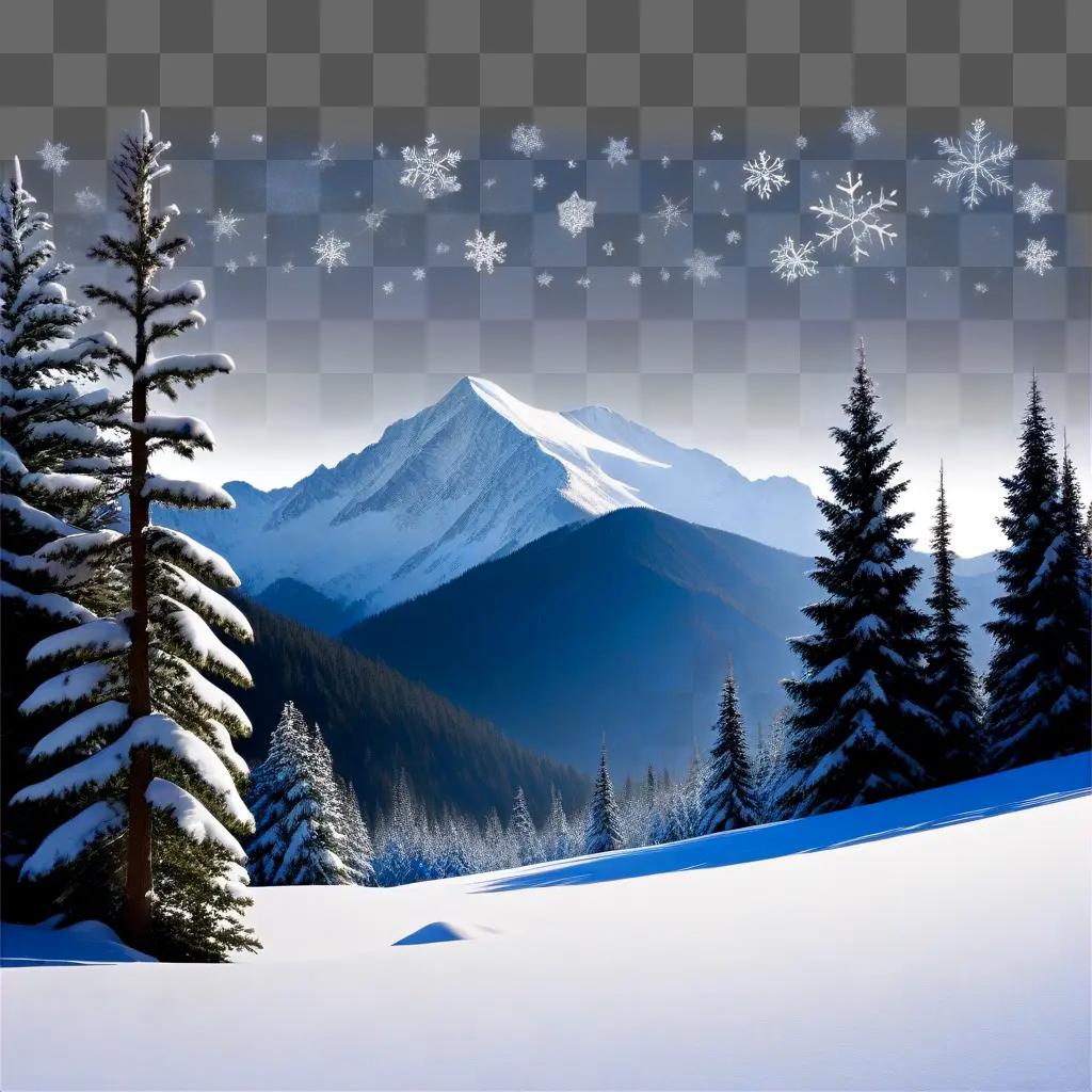 Snowy mountain landscape with pine trees and snowflakes