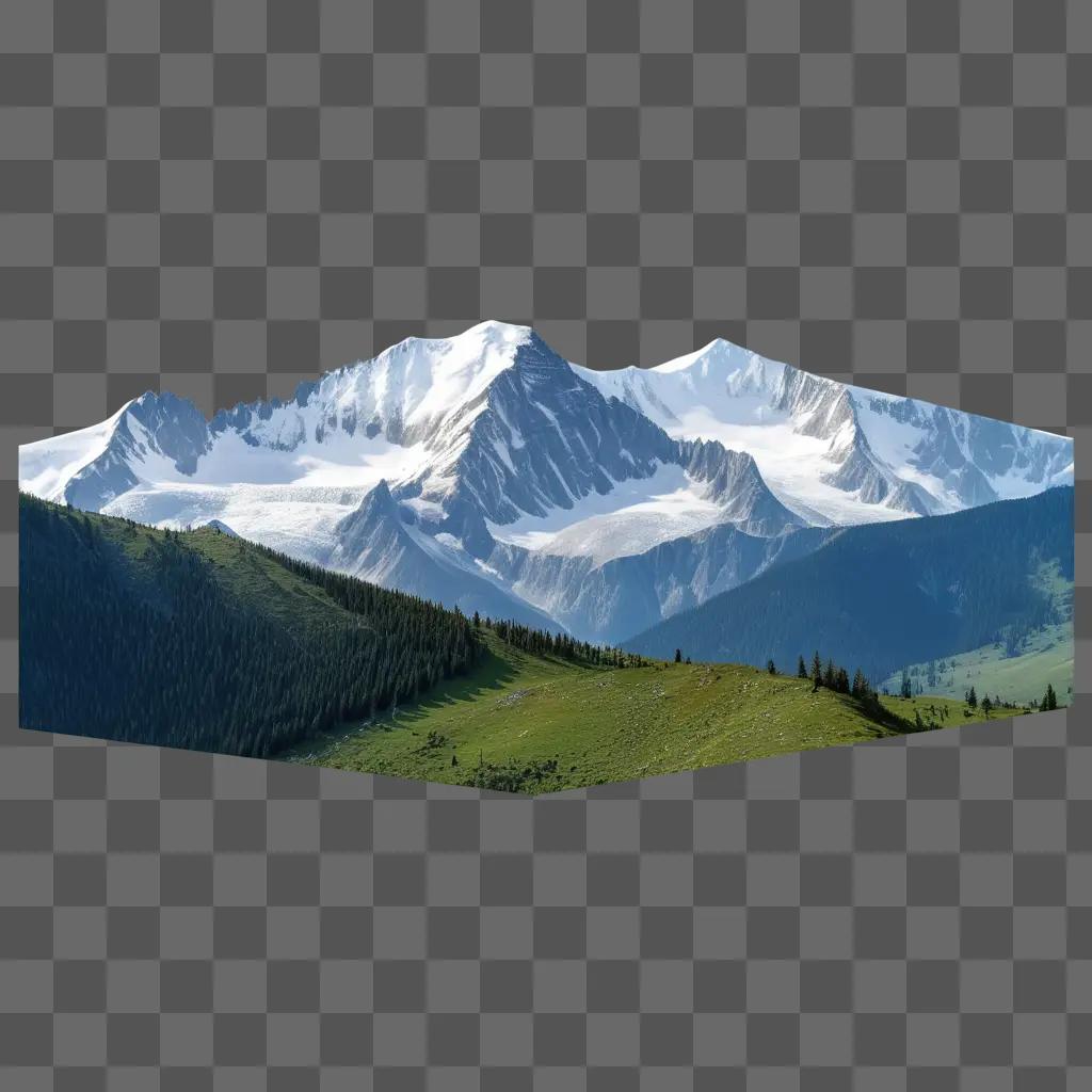 Snowy mountain range with green trees and mountains