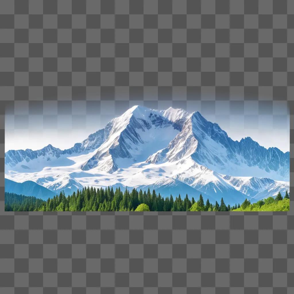 Snowy mountain range with green trees