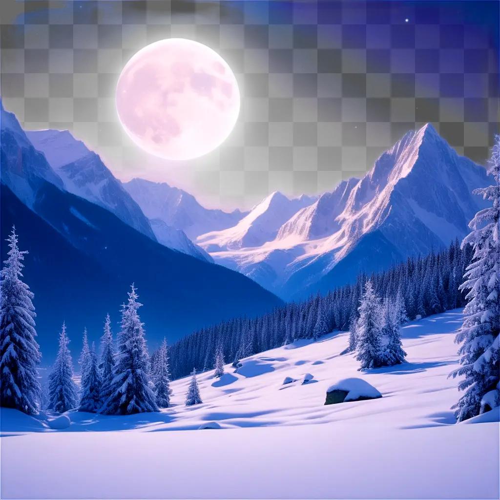 Snowy mountain scene with a full moon