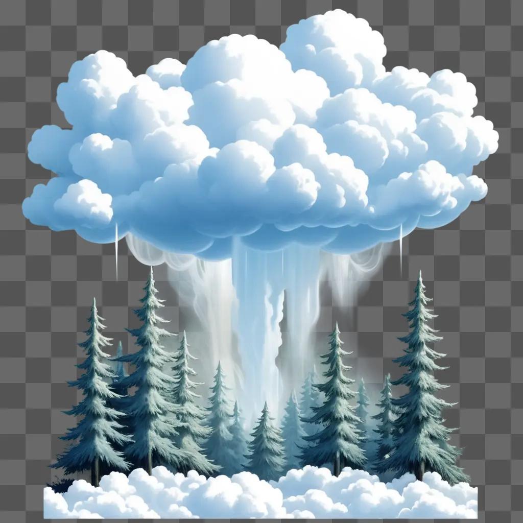 Snowy mountain scene with white clouds and falling snow
