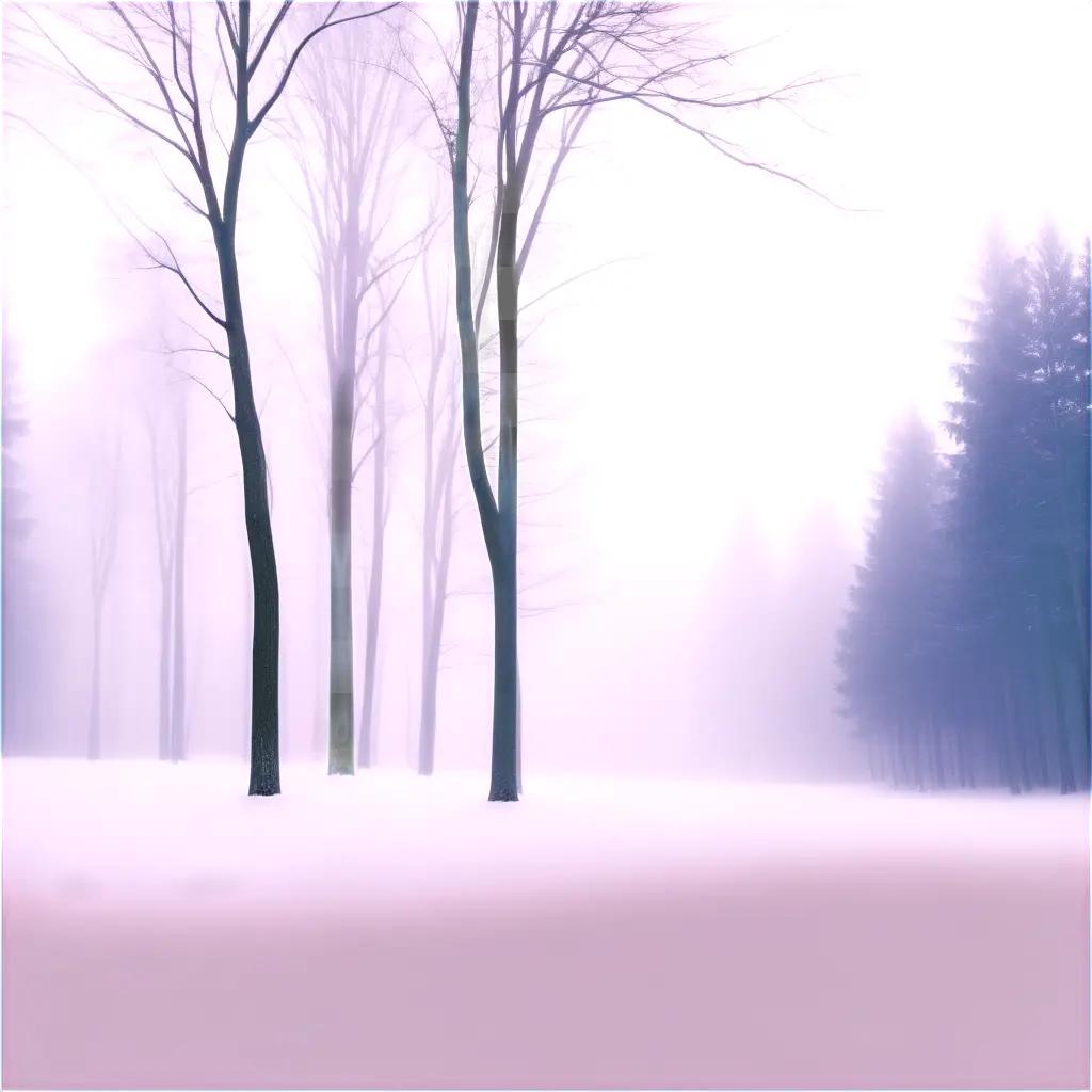 Snowy trees in foggy winter scene