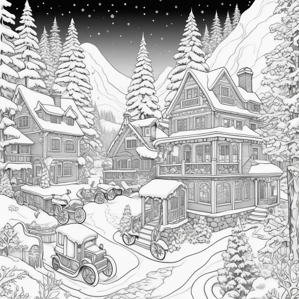 Snowy winter scene with carriages, sleighs, and houses