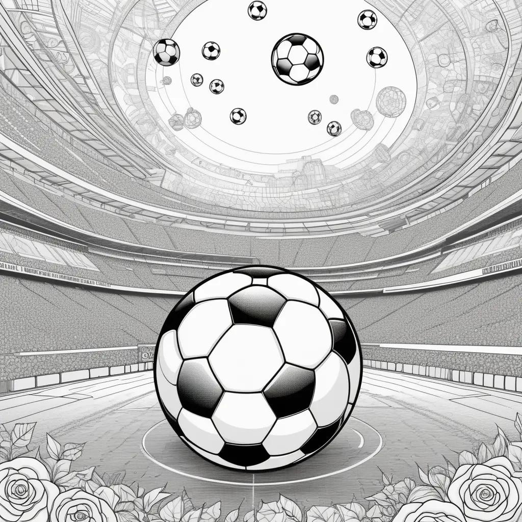 Soccer ball and roses on a black and white coloring page