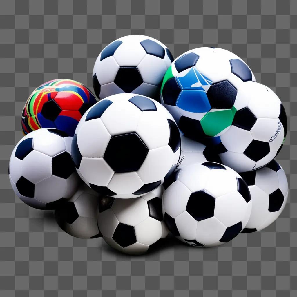 Soccer balls in a pile on a gray background