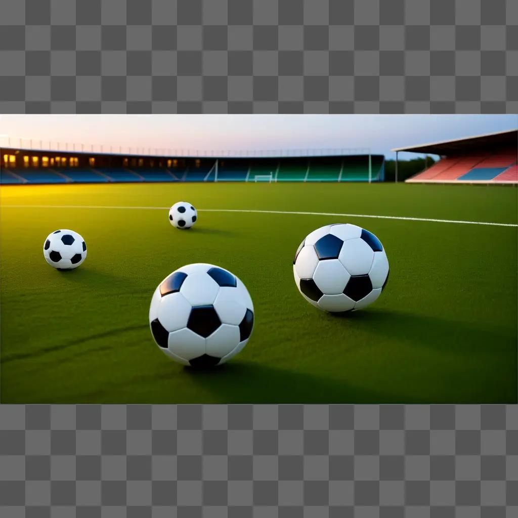 Soccer balls on grassy field at sunset