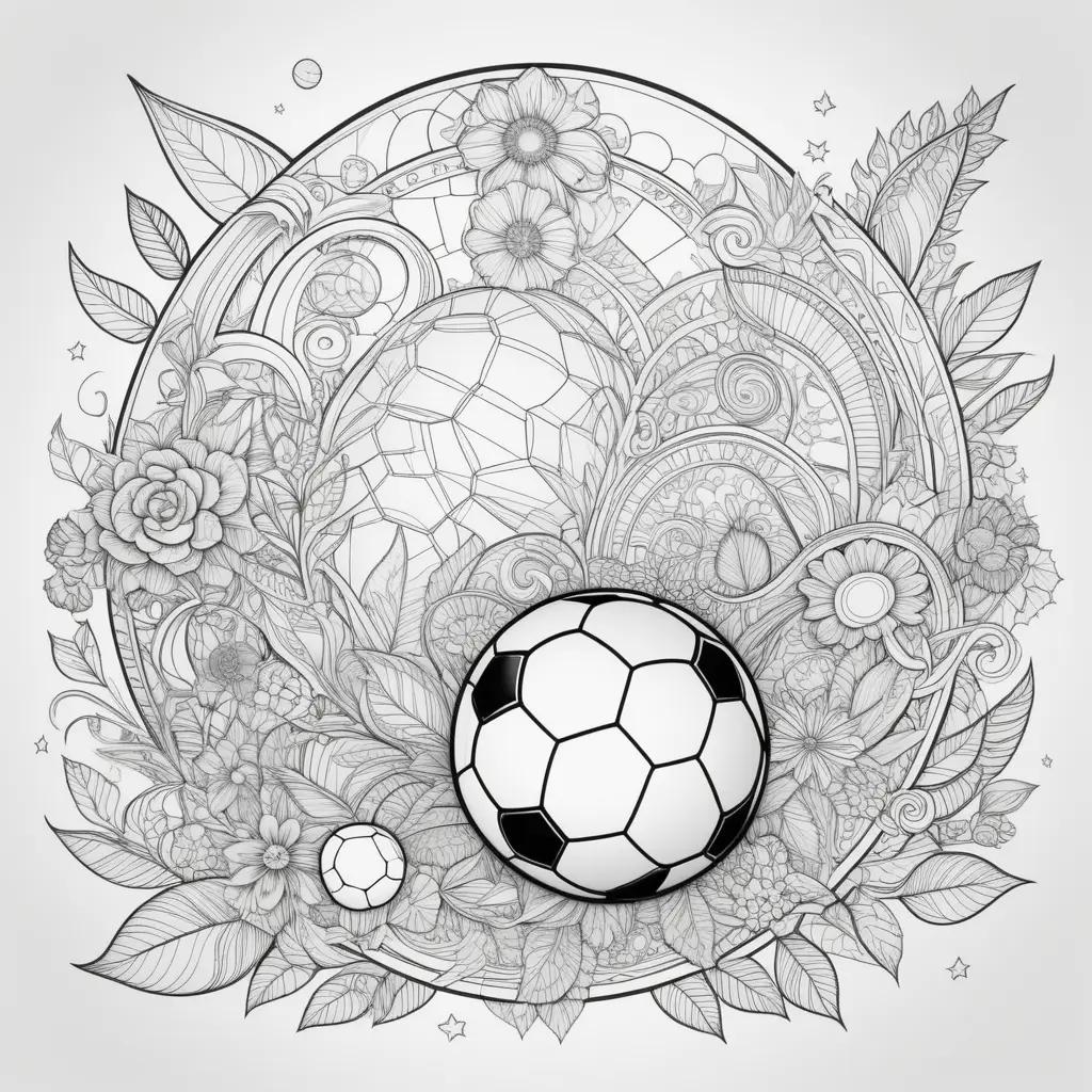 Soccer coloring pages featuring a ball and flowers